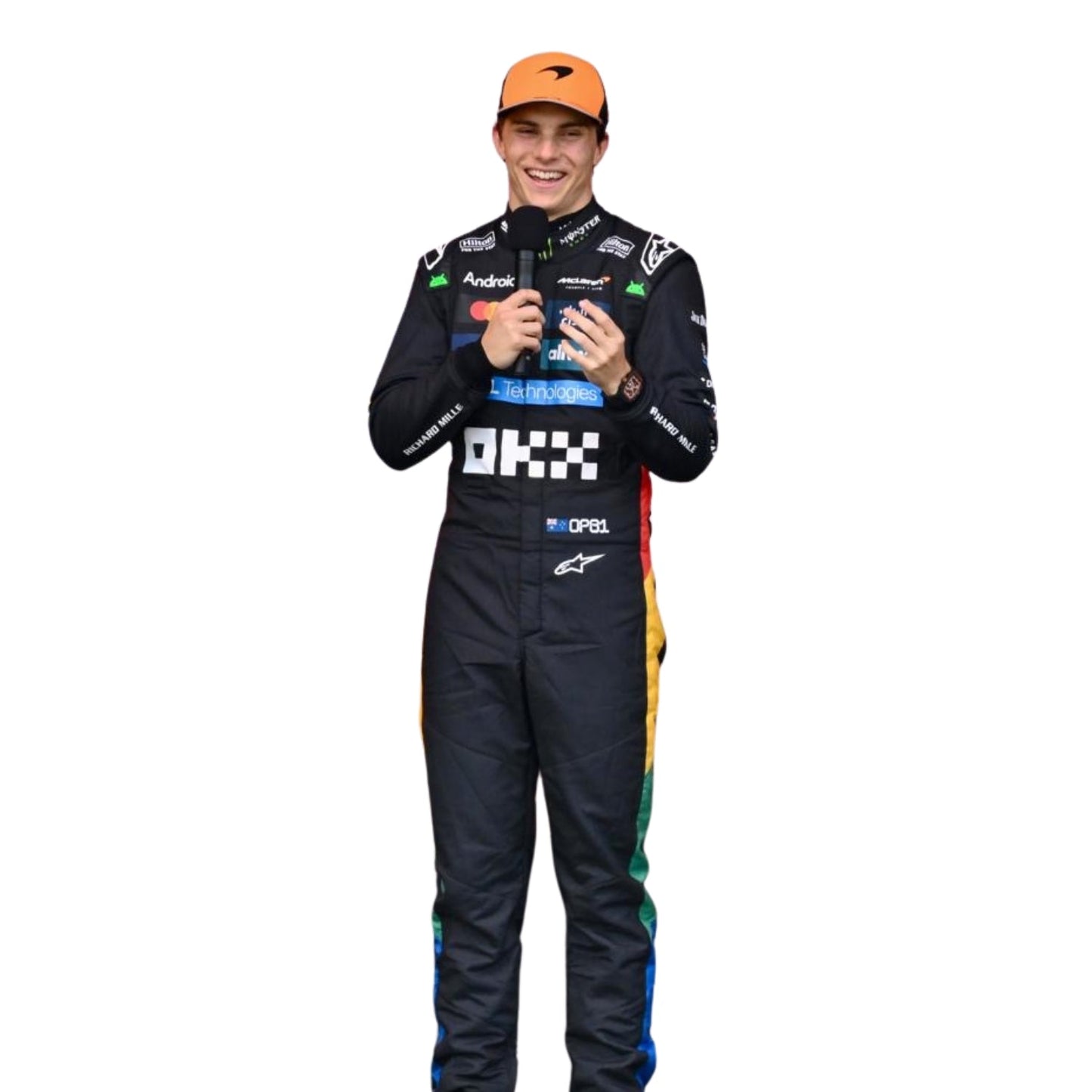 Oscar Piastri 2025 Silverstone British GP F1 racing suit front view wearing a racing suit with various sponsor logos on a white background