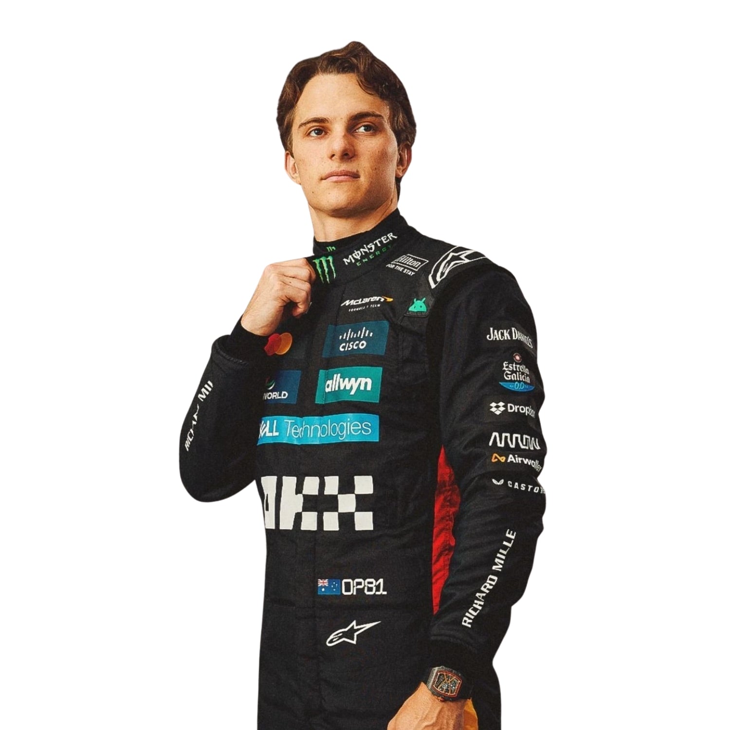 Detailed stitching and logo texture on Oscar Piastri's 2025 Silverstone, wearing a black racing suit with various sponsor logos on a white background