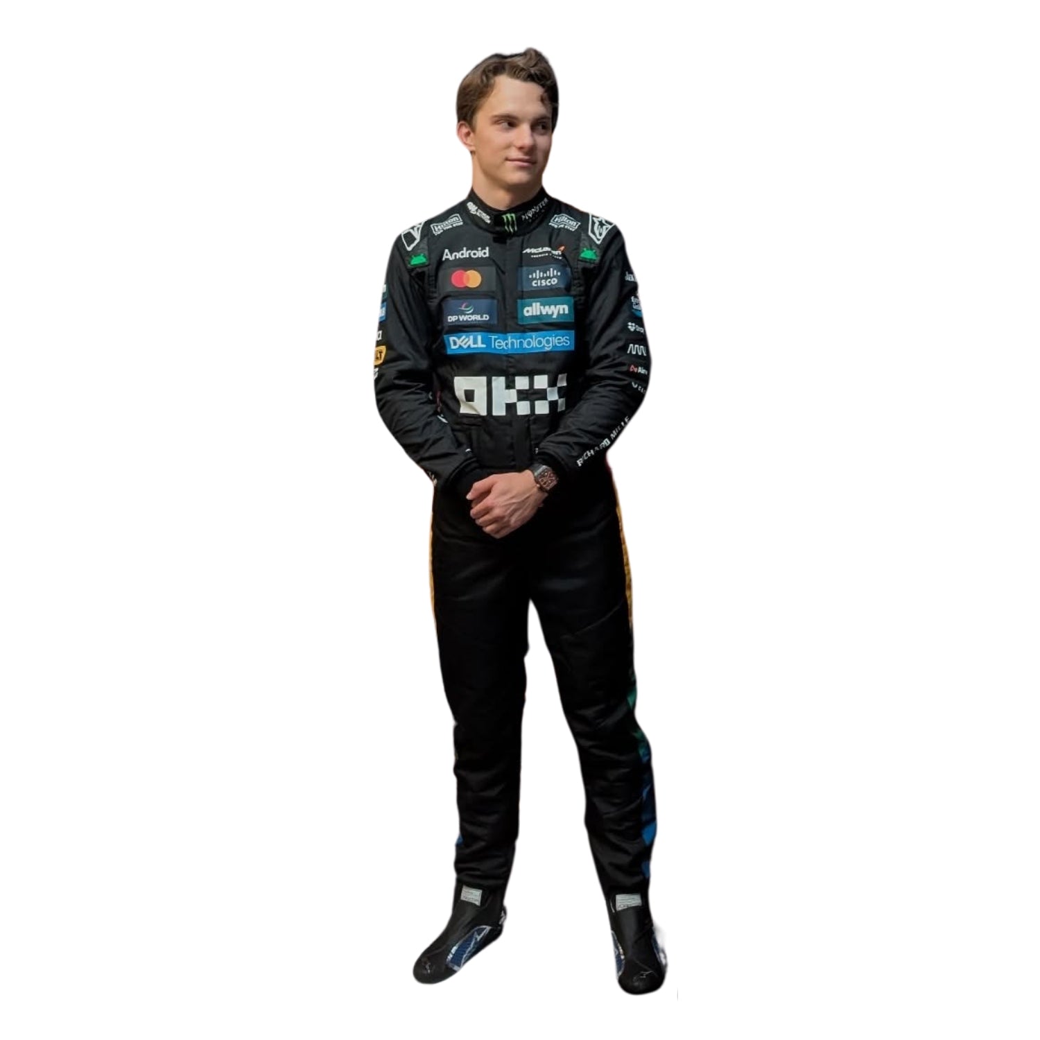 Oscar Piastri 2025 Silverstone British GP F1 racing suit front view wearing a racing suit with various sponsor logos on a white background