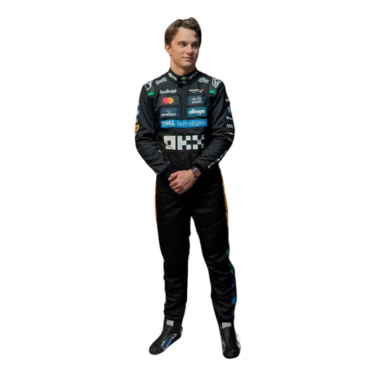 Oscar Piastri 2025 Silverstone British GP F1 racing suit front view wearing a racing suit with various sponsor logos on a white background