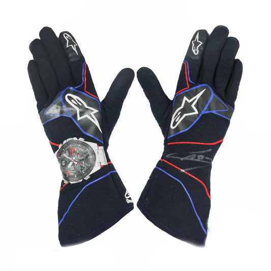 Black Pierre Gasly 2019 F1 Racing gloves with a watch design on a white background