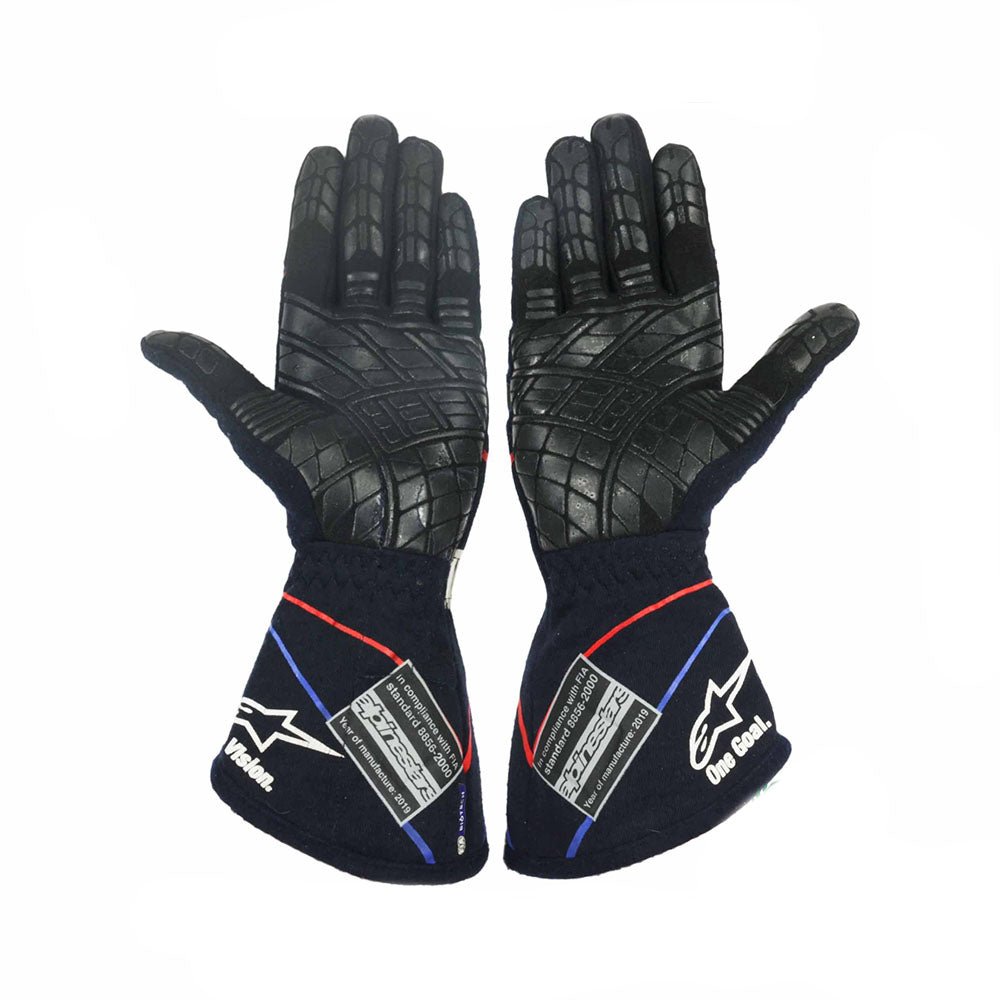 Pair of black Pierre Gasly 2019 F1 Racing gloves with brand logo on a white background