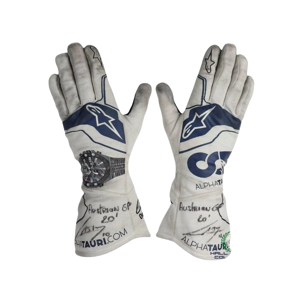 Pair of white and blue Pierre Gasly 2020 F1 racing gloves with branding on a white background