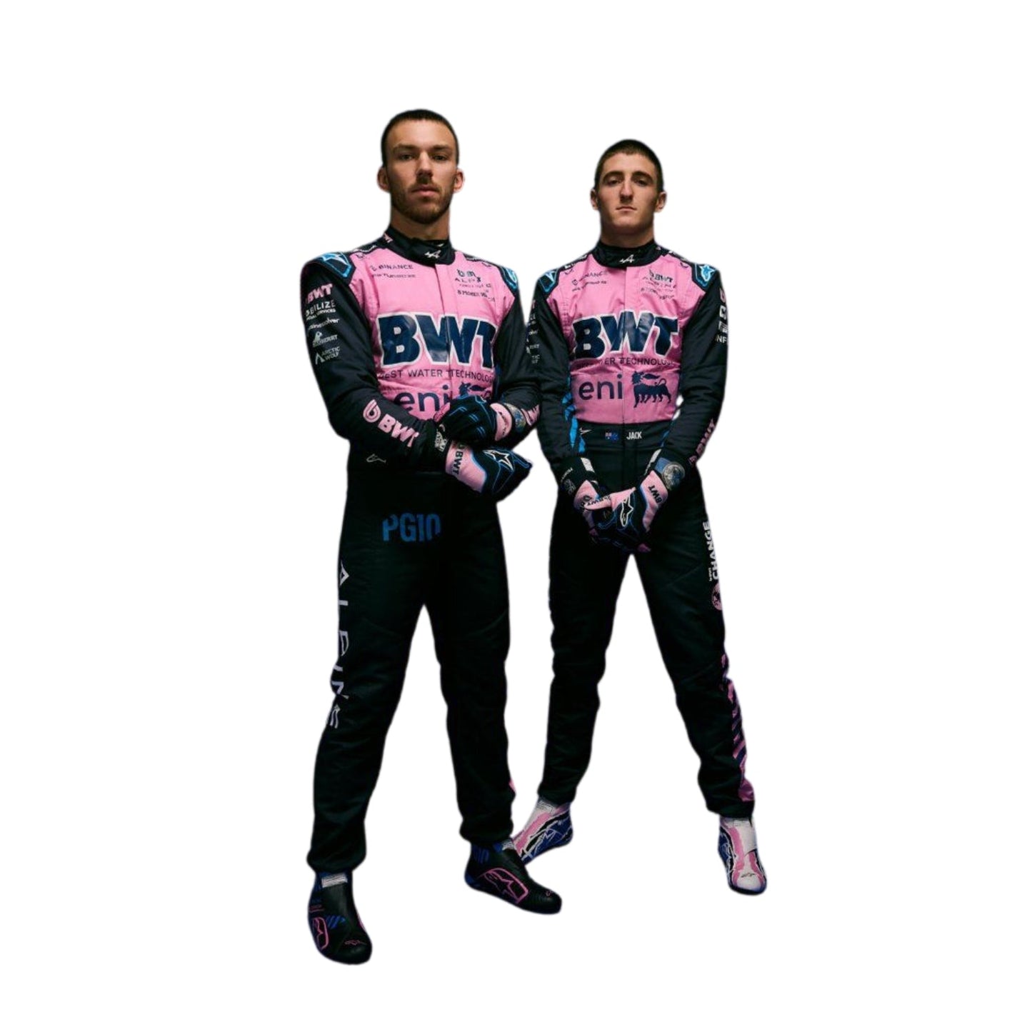 Jack Doohan and Pierre Gasly posing in his 2025 F1 racing suit, showcasing the suit’s sleek design and vibrant racing colors.


