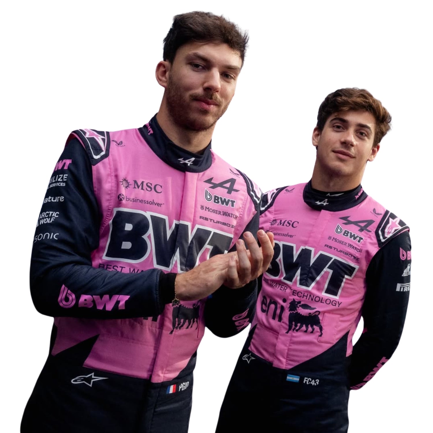 Pierre And Franco wearing pink and black racing suits with visible branding on a white background