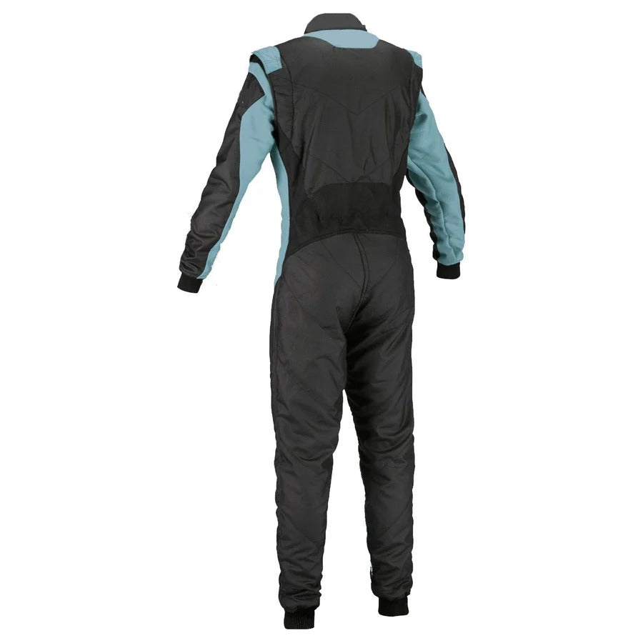 Back View Of plain black and blue go-kart racing costume featuring lightweight breathable material, secure zip closure, stretch panels for comfort and adjustable belt – custom name option available.