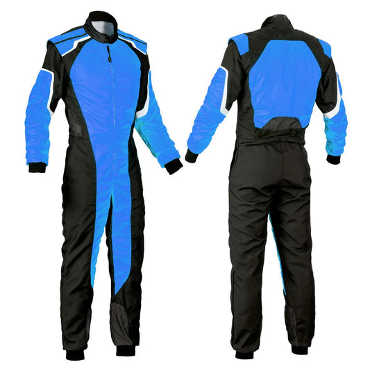 A front and back view of a plain black & blue go kart racing suit with a full zip and elasticated cuffs.