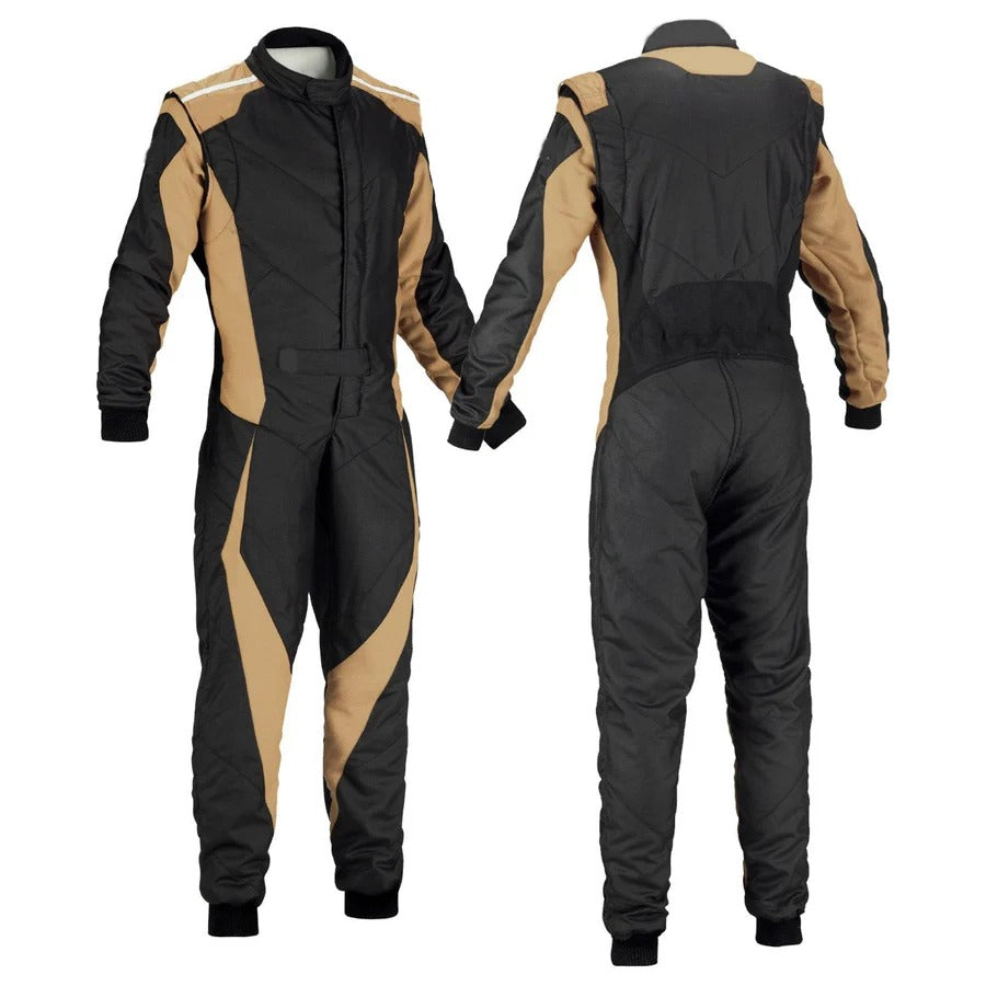 A front and back view of a plain black go kart racing costume with beige accents on the sides.
