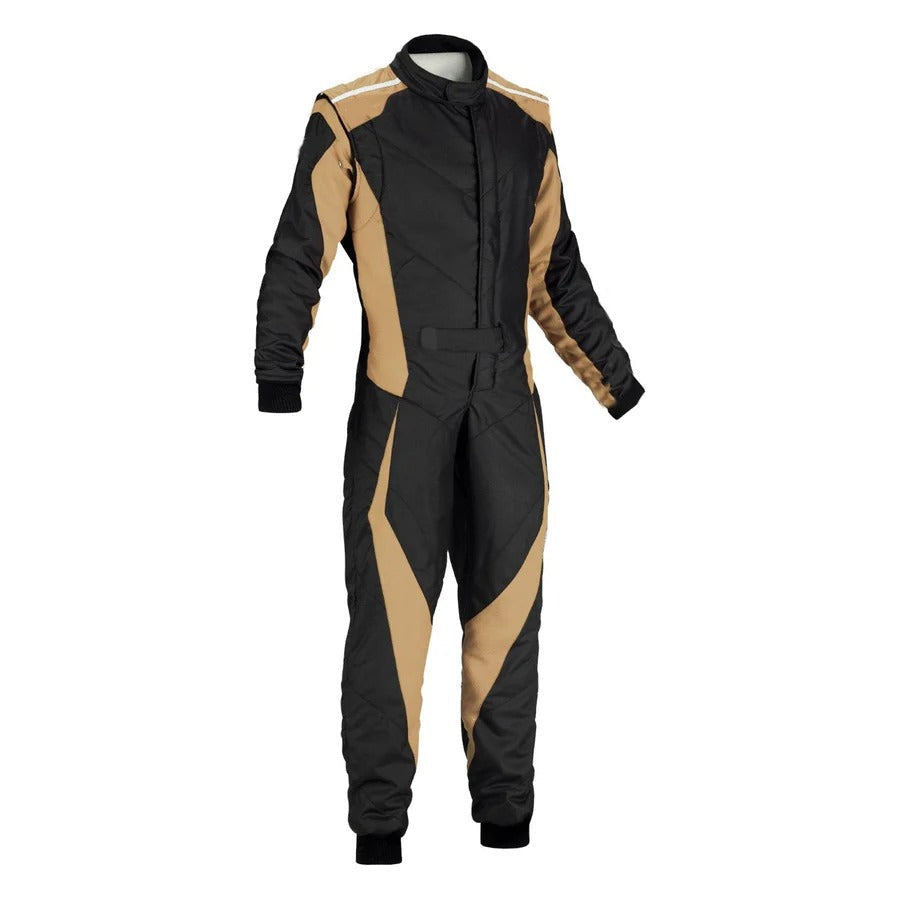 plain black go-kart racing costume featuring lightweight breathable fabric, secure zip closure, stretch panels for comfort and adjustable belt – custom name option available.