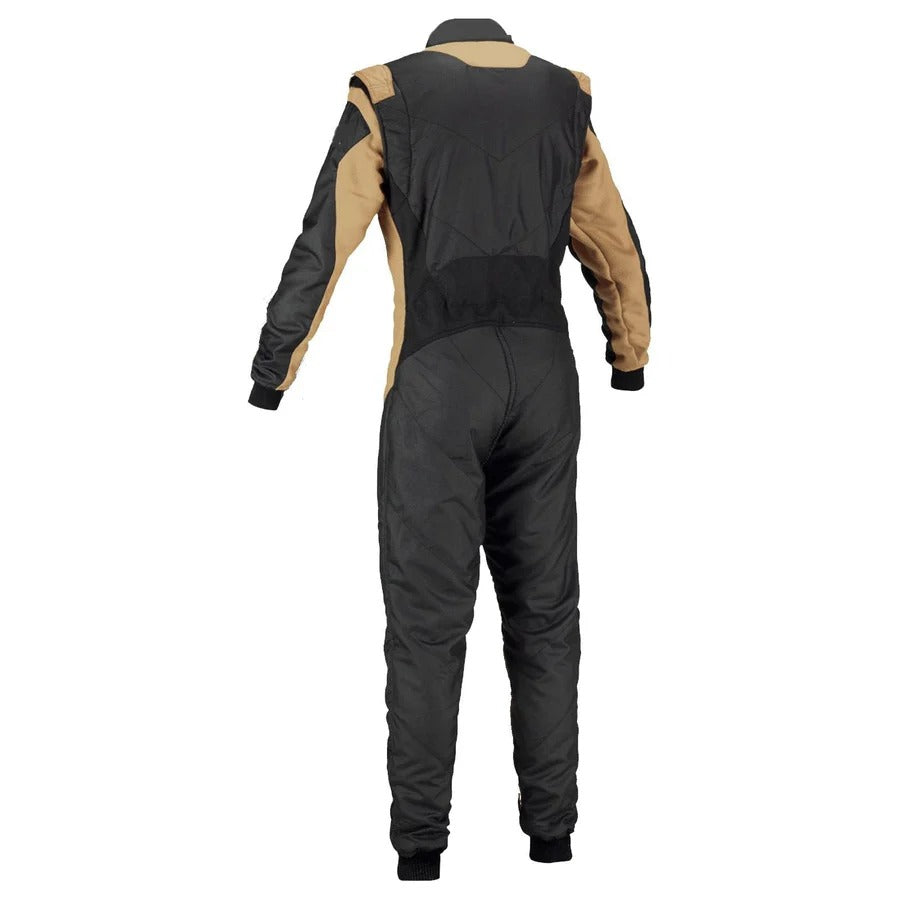 Back View of plain black go-kart racing costume featuring lightweight breathable fabric, secure zip closure, stretch panels for comfort and adjustable belt – custom name option available.
