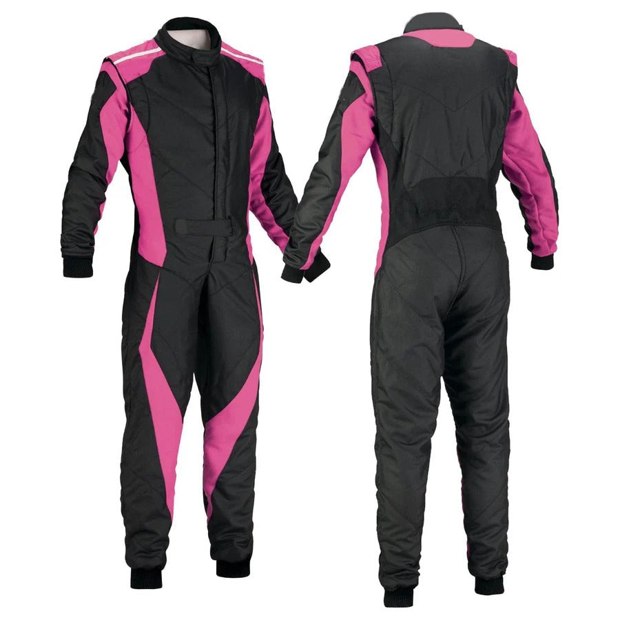 A front and back view of a plain black & pink go kart racing suit with a full zipper, elasticated cuffs, and a fine and soft collar.