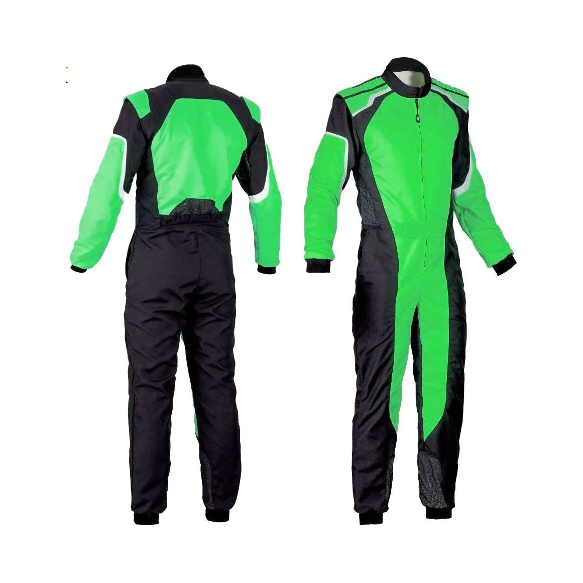 A plain green go-kart racing suit with black details, displayed frontally and back, showing the overall design and color.
