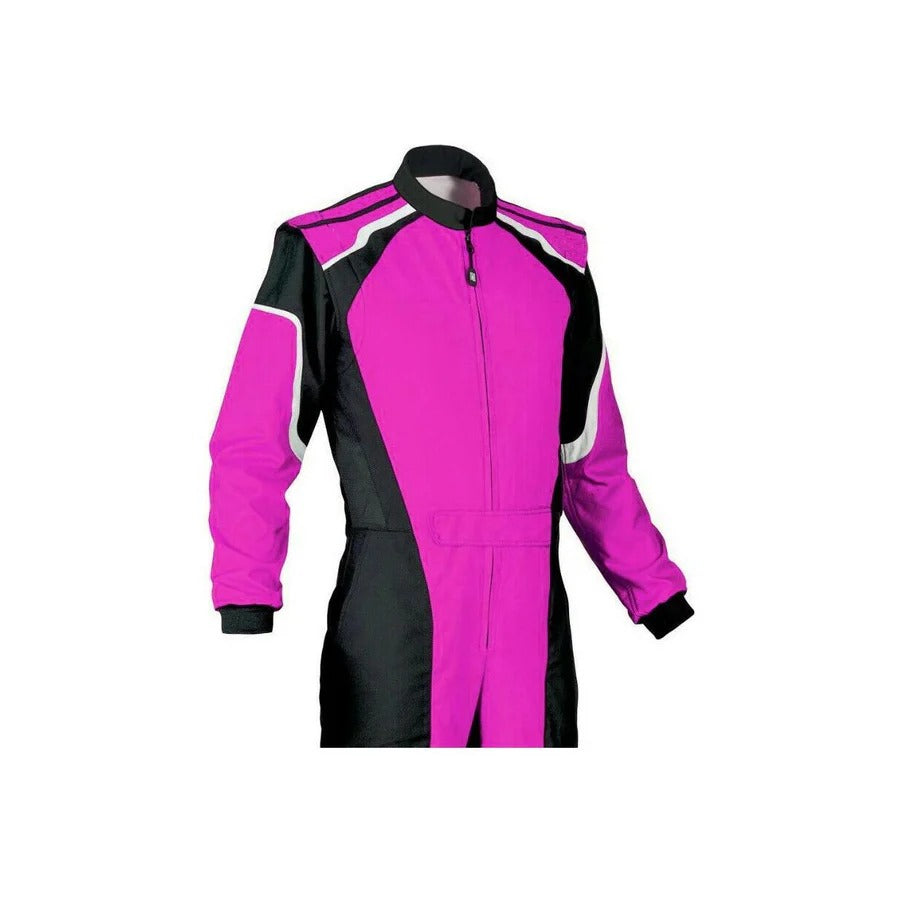 Close up front view of plain purple and black go-kart racing suit featuring lightweight breathable fabric, secure zip closure, stretch panels for comfort and adjustable belt – custom name option available.
