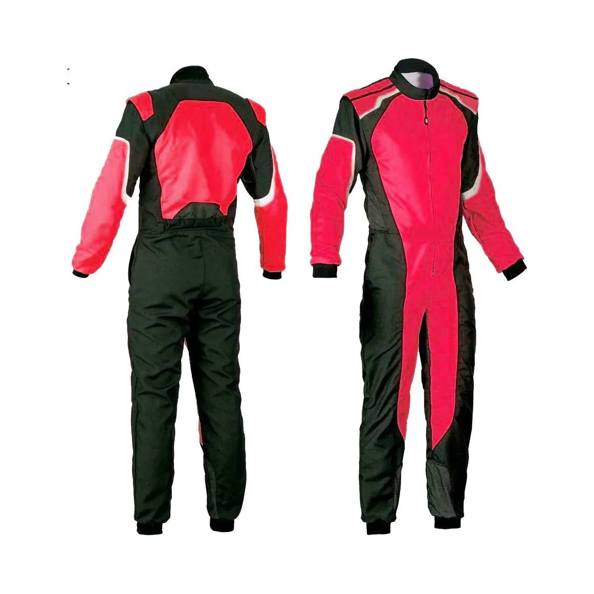 A plain red go-kart racing suit with black details, displayed front and back, including long sleeves and pants.