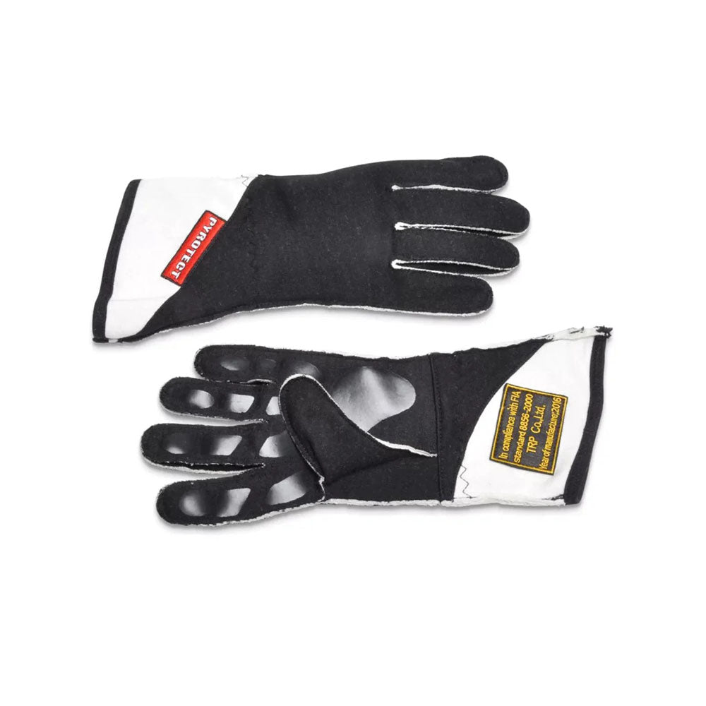 Pair of black Pro Reverse Stitch SFI-52-Layer Racing gloves with reflective material on a white background