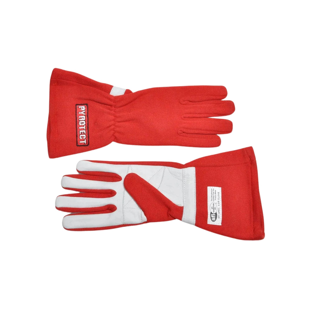Red and white Pro Reverse Stitch SFI-52-Layer Racing gloves with 'PyroGuard' branding on a white background