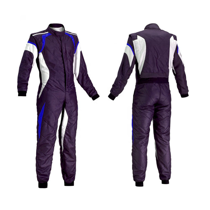 A purple, blue, white, and gray go-kart racing suit with a full zip and elasticated cuffs, displayed front and back.