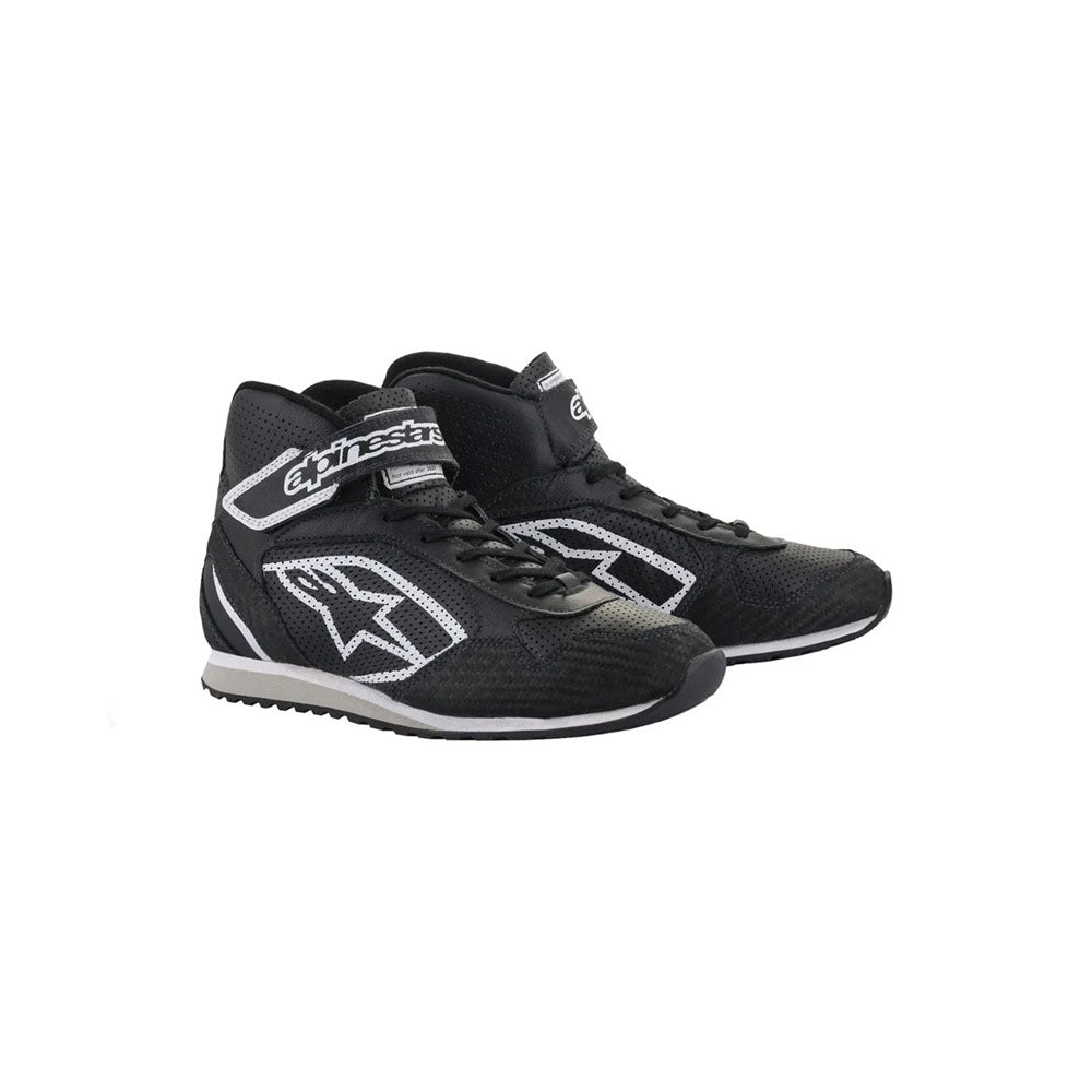 Black high-top RADAR Mechanic Racing shoes with white accents on a white background