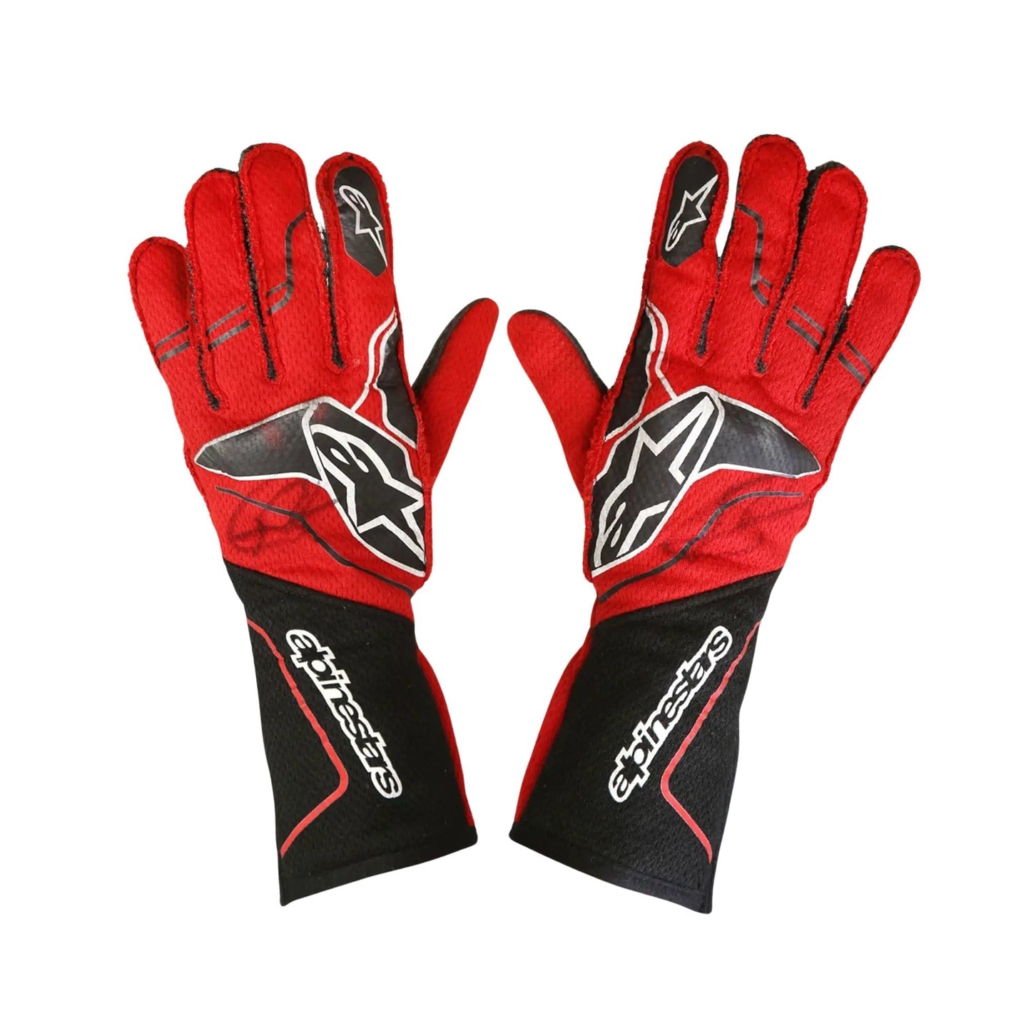 Red and black Romain Grosjean 2023 IndyCar Racing gloves with a brand logo on a white background