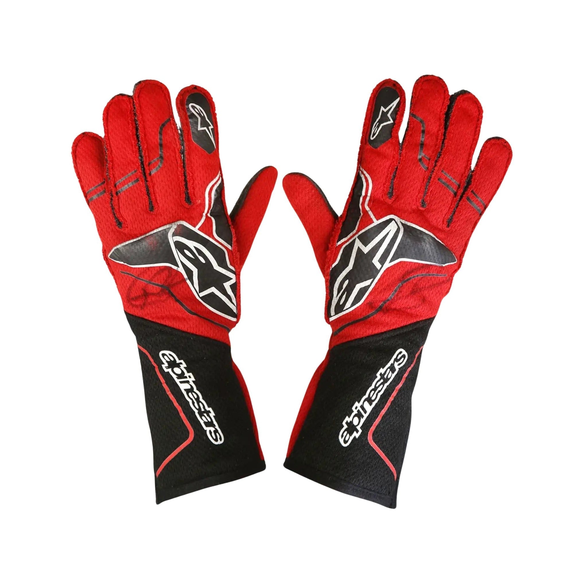 Red and black Romain Grosjean 2023 IndyCar Racing gloves with a brand logo on a white background