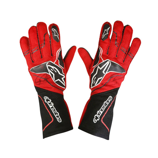 Red and black Romain Grosjean 2023 IndyCar Racing gloves with a brand logo on a white background