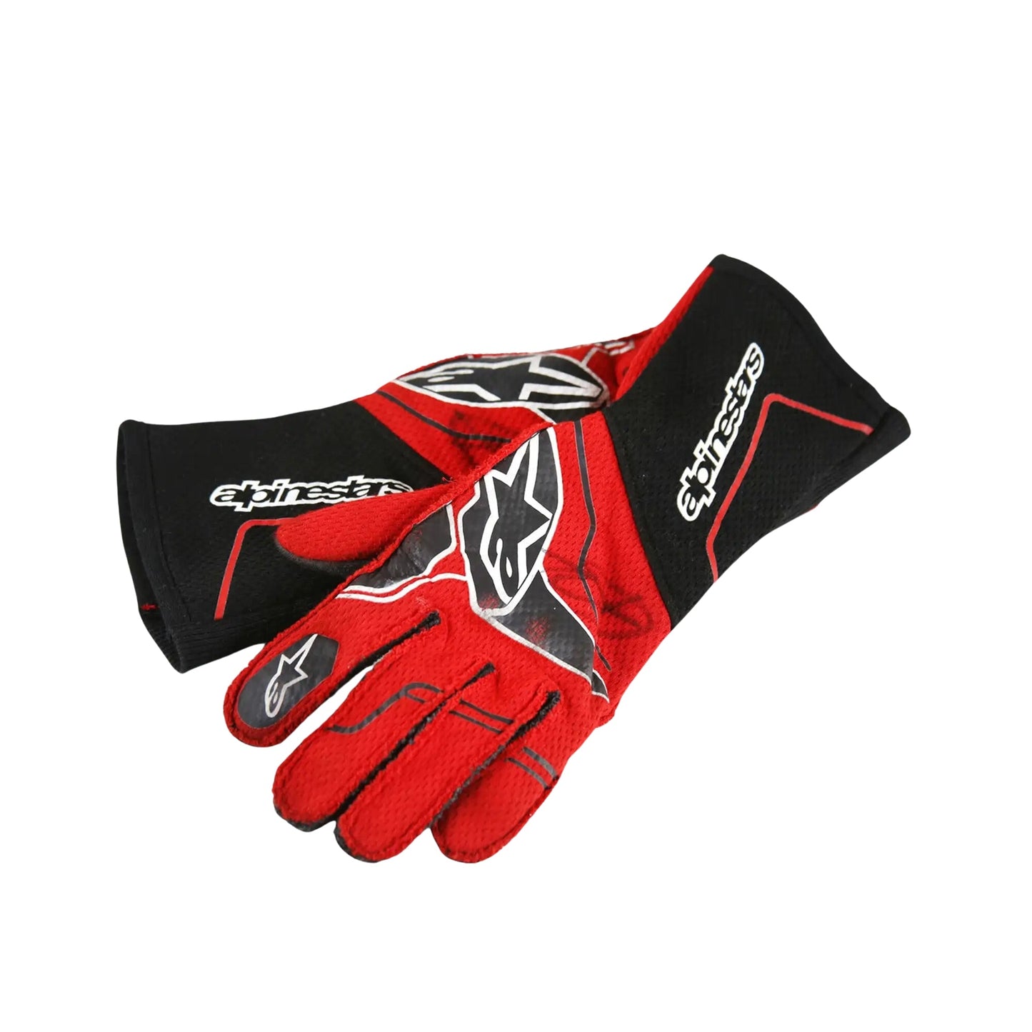 Red and black Romain Grosjean 2023 IndyCar Racing glove with Alpinestars logo on a white background
