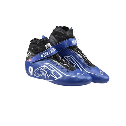Pair of blue and black Scott Dixon 2022 Chip Ganassi Indy Car Racing shoes on a white background