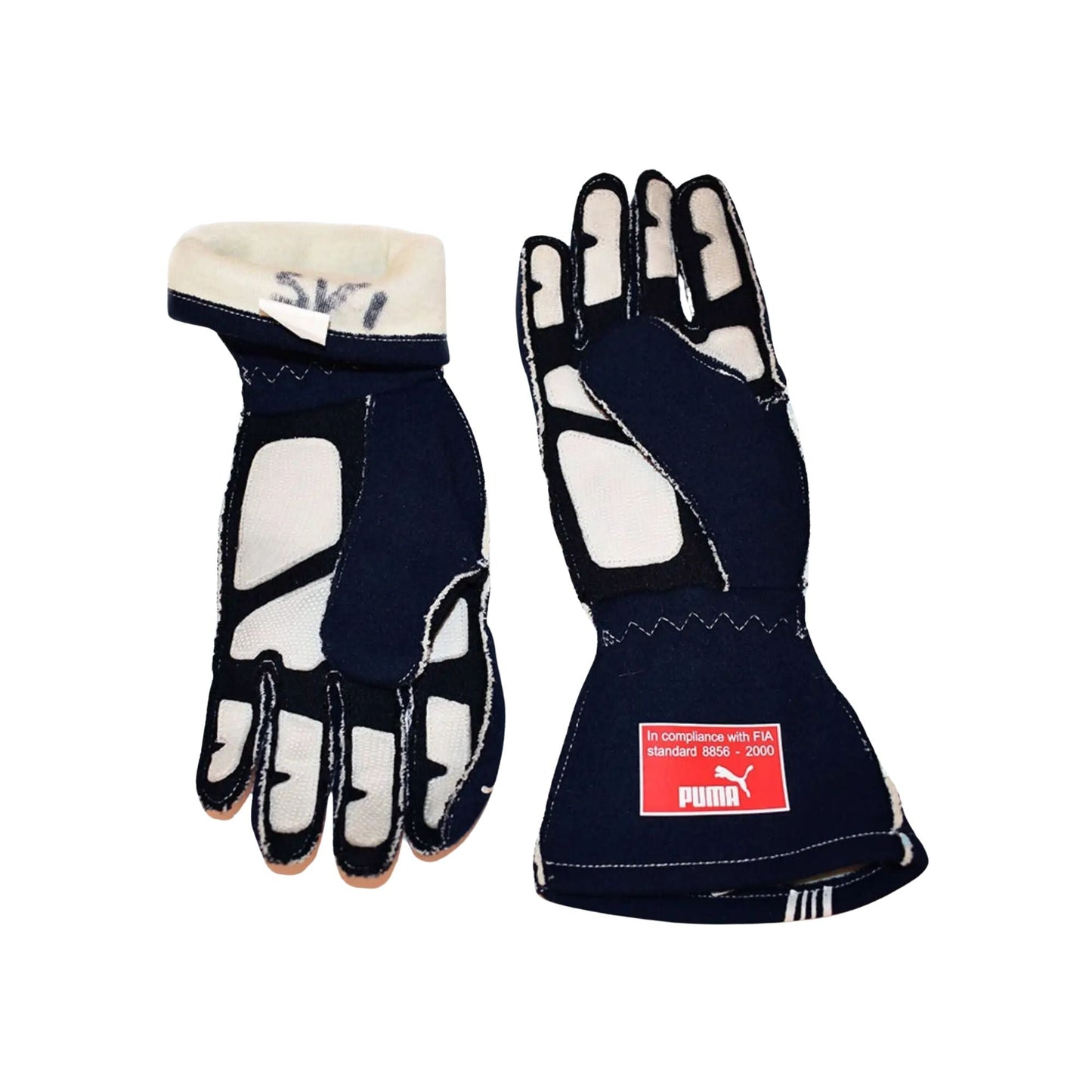 Pair of black and white Sebastian Vettel 2007/8 F1 racing gloves with a Puma label on a white background