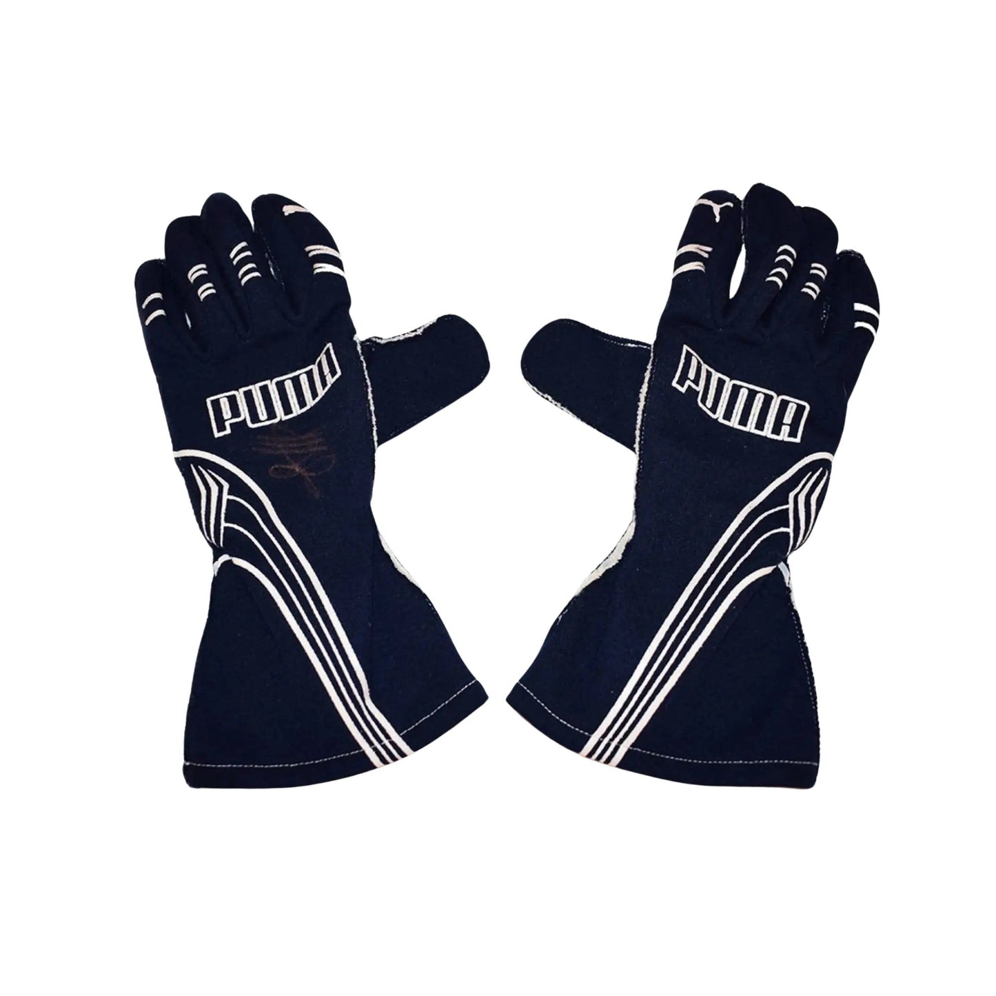 Pair of black Sebastian Vettel 2007/8 F1 racing gloves with white accents on a white background