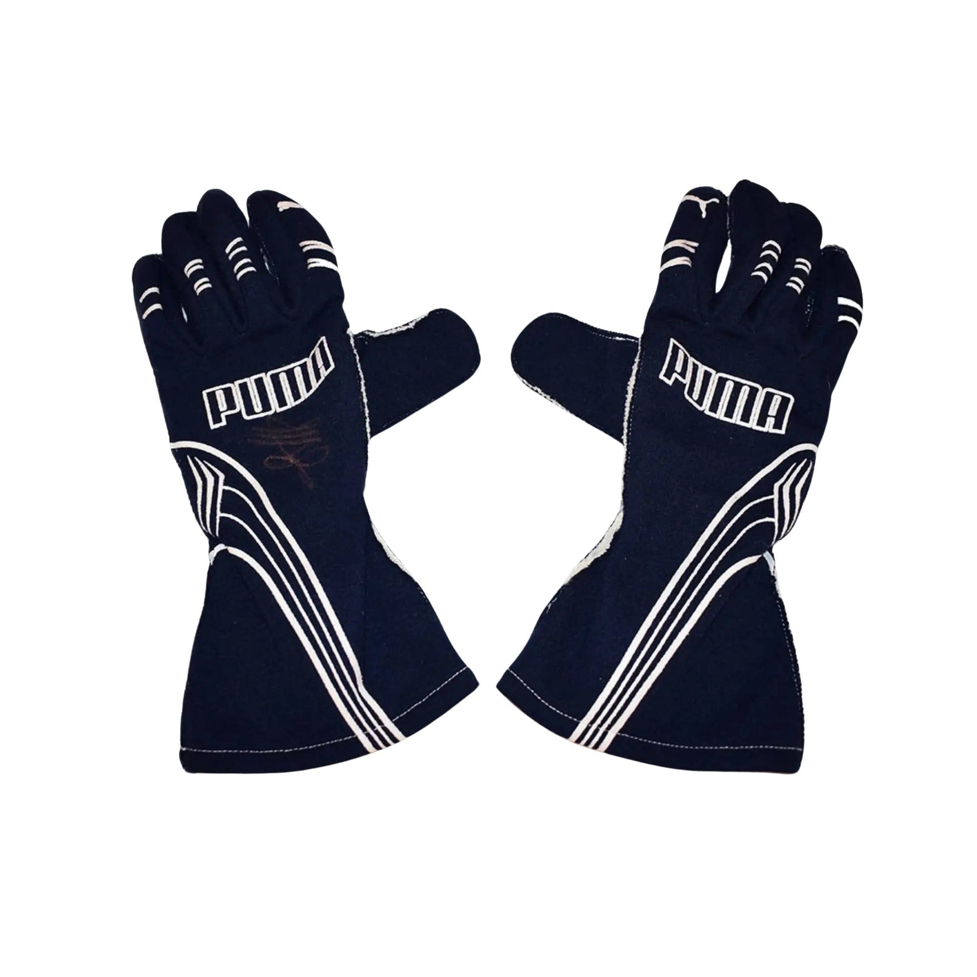 Pair of black Sebastian Vettel 2007/8 F1 racing gloves with white accents on a white background