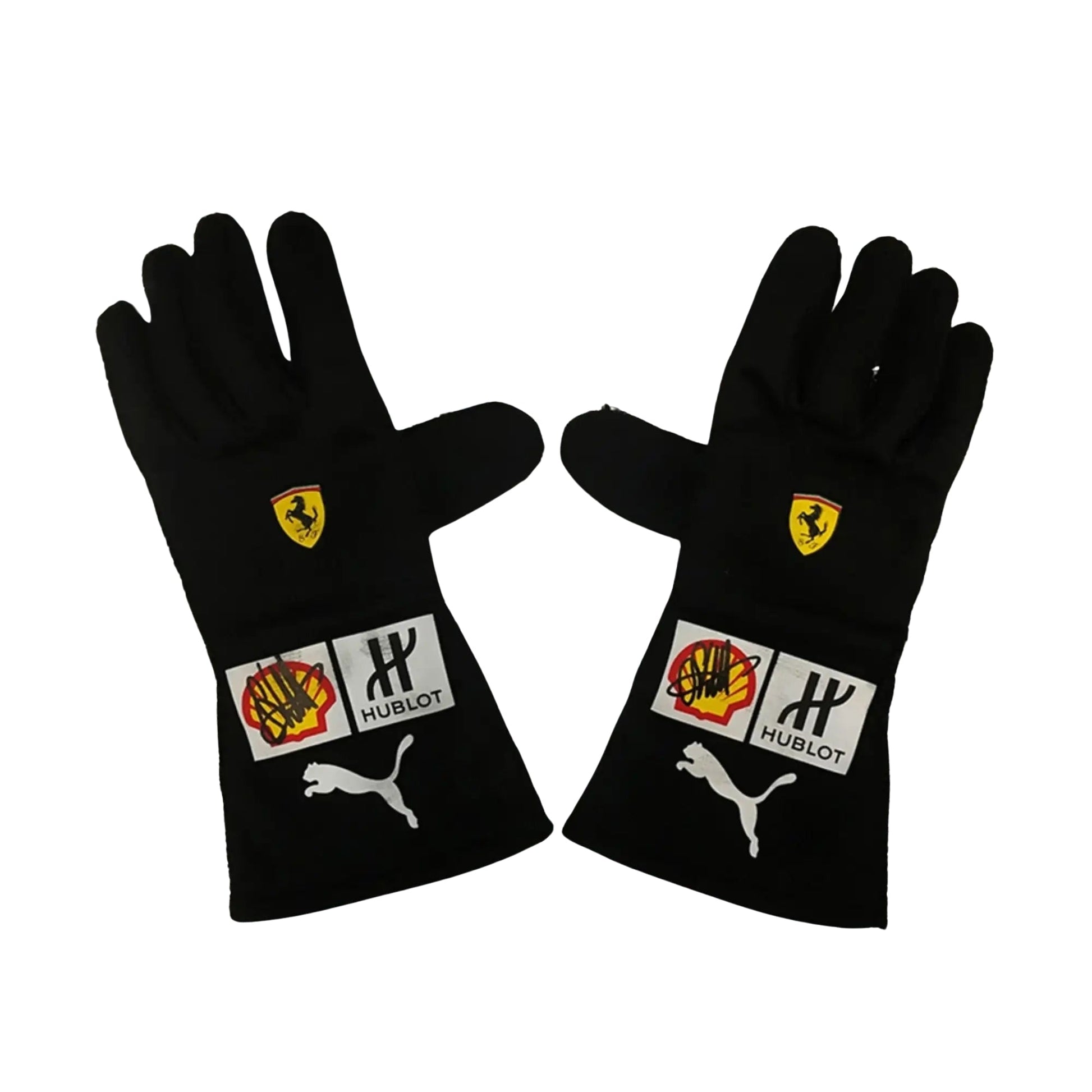 Pair of black Sebastian Vettel 2018 F1 gloves with logos on a white background