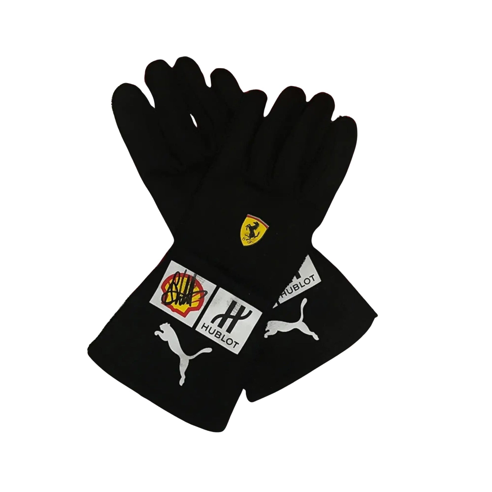 Black Sebastian Vettel 2018 F1 racing gloves with sponsor logos on a white background