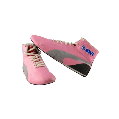 Pink Sergio Perez 2019 F1 racing shoes with white laces on a white background
