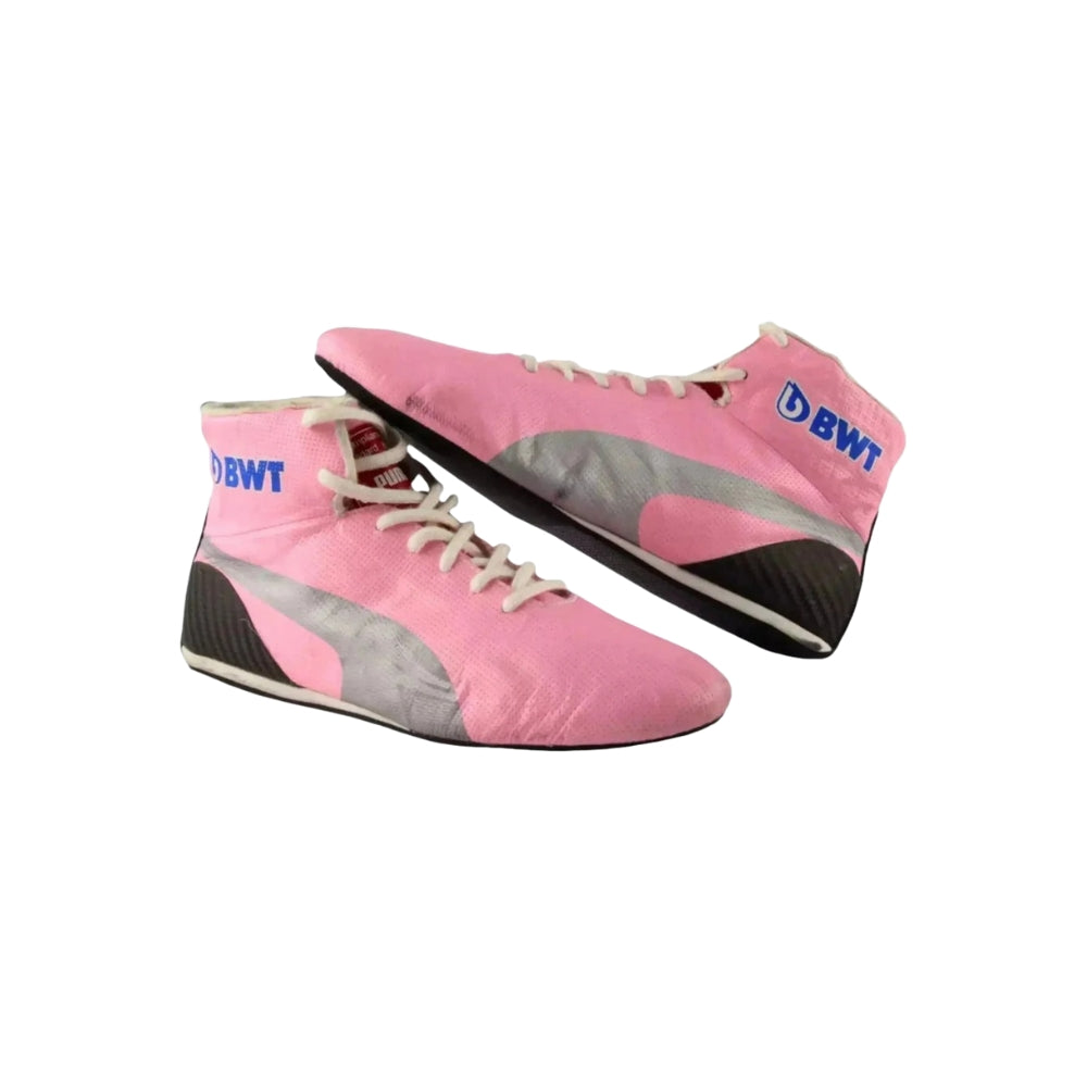 Pink and gray Sergio Perez 2019 F1 Racing shoes with the BWT logo on a white background