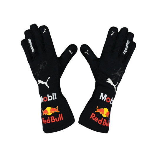 Black Sergio Perez 2022 F1 racing gloves with Red Bull and Puma logos on a white background