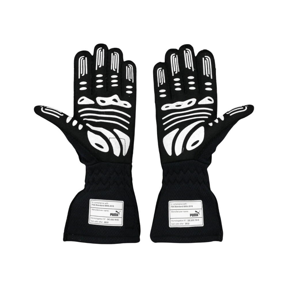 Pair of black Sergio Perez 2022 F1 racing gloves with white patterns on a white background