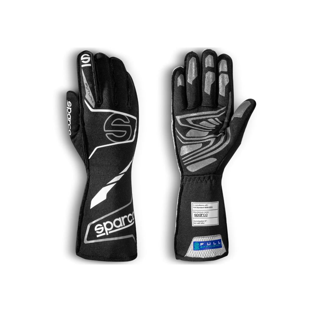 Pair of Sparco Futura black racing gloves with Sparco branding on a white background