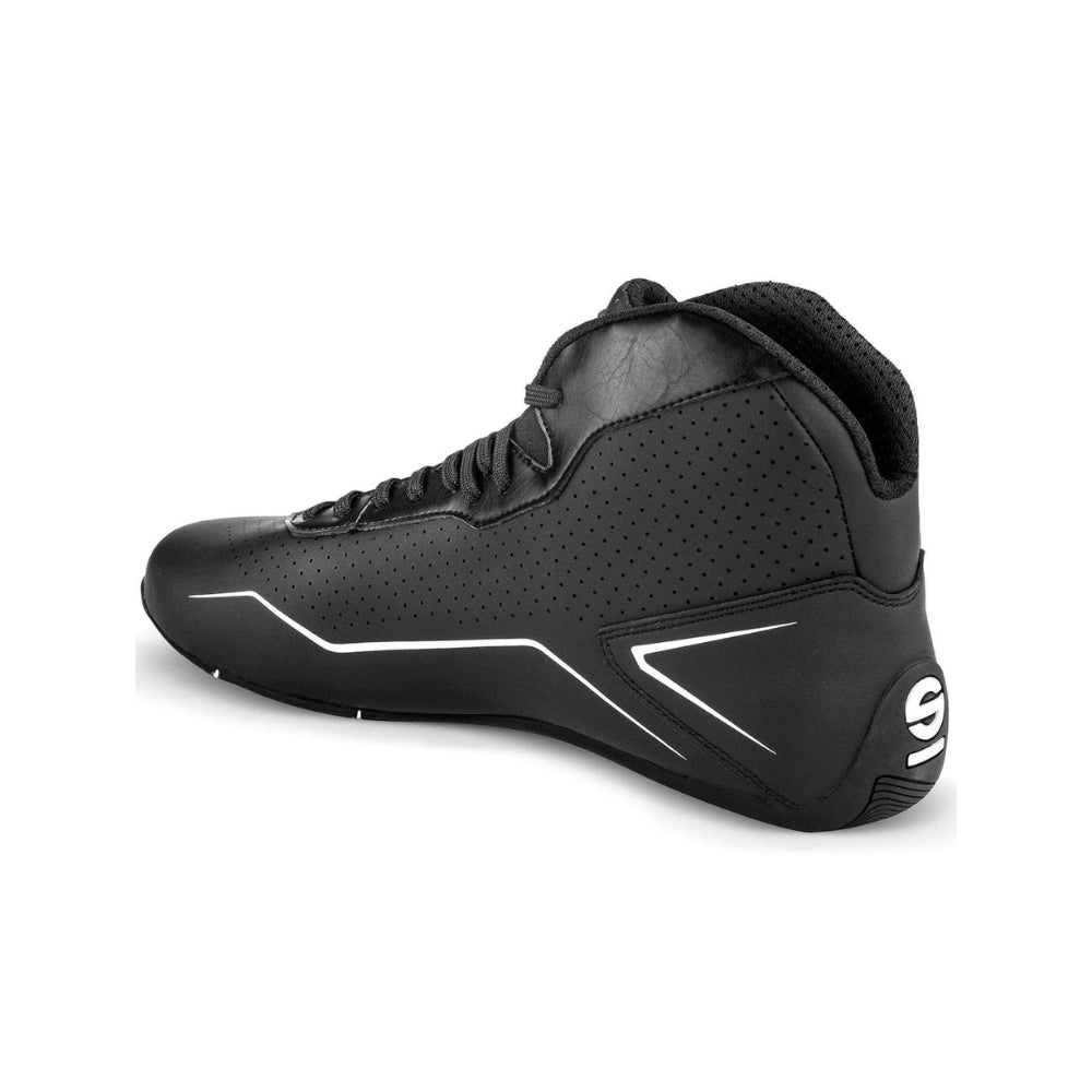 Black high-top Sparco K-Pole Kart racing shoe with white accents on a white background