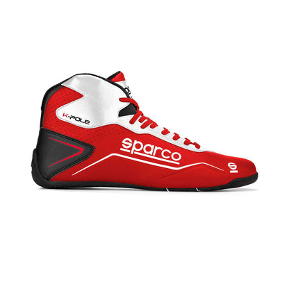 Red and white Sparco K-Pole Kart racing shoe with 'Sparco' branding on a white background