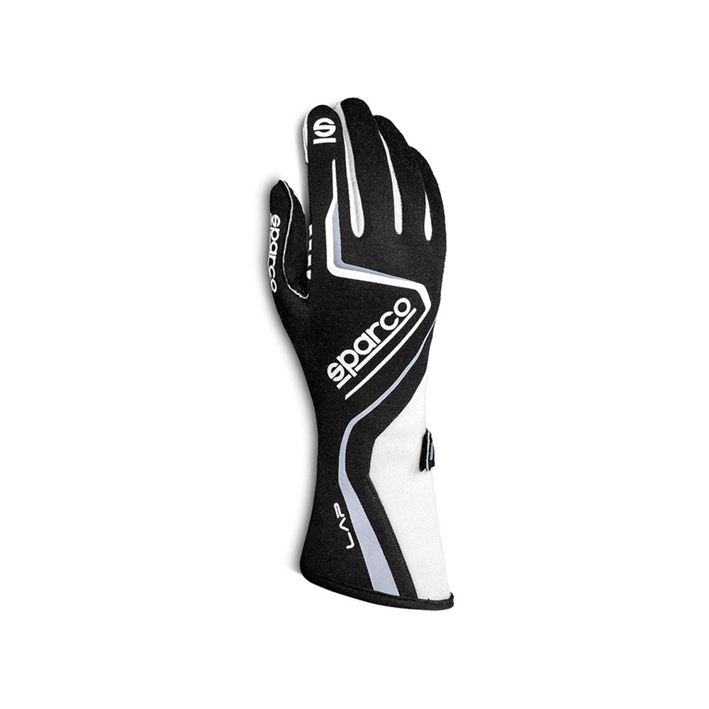 Black and white Sparco Lap Racing glove with 'Sparco' branding on a white background