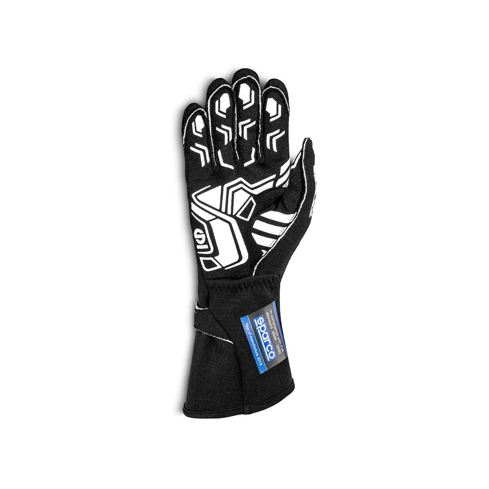 Black Sparco Lap Racing glove with white patterns on a white background