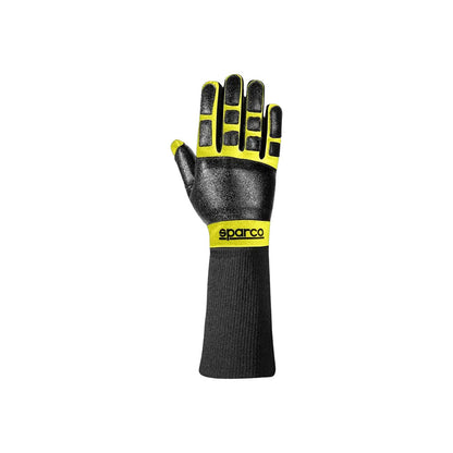 Black racing glove with yellow accents and 'Sparco' branding on a white background
