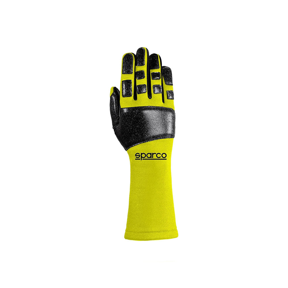 Yellow and black Sparco R-Tide MECA Mechanics Kart racing glove with 'Sparco' branding on a white background