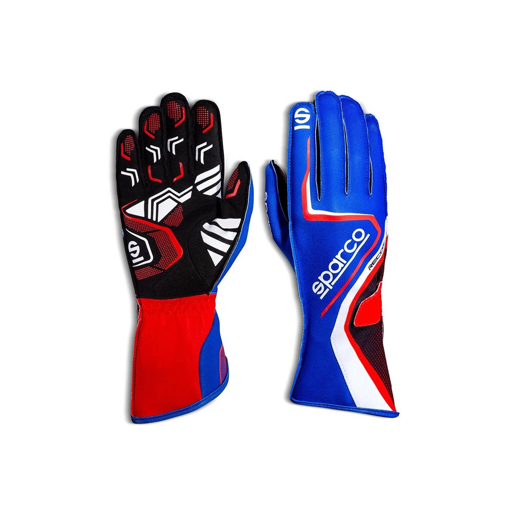 Pair of Sparco Record red, blue, and black kart racing gloves on a white background