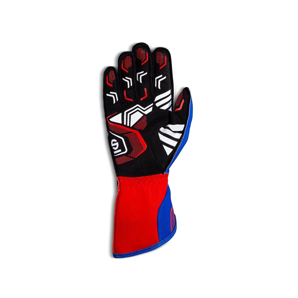Sparco Record Kart Red, black, and blue racing glove on a white background
