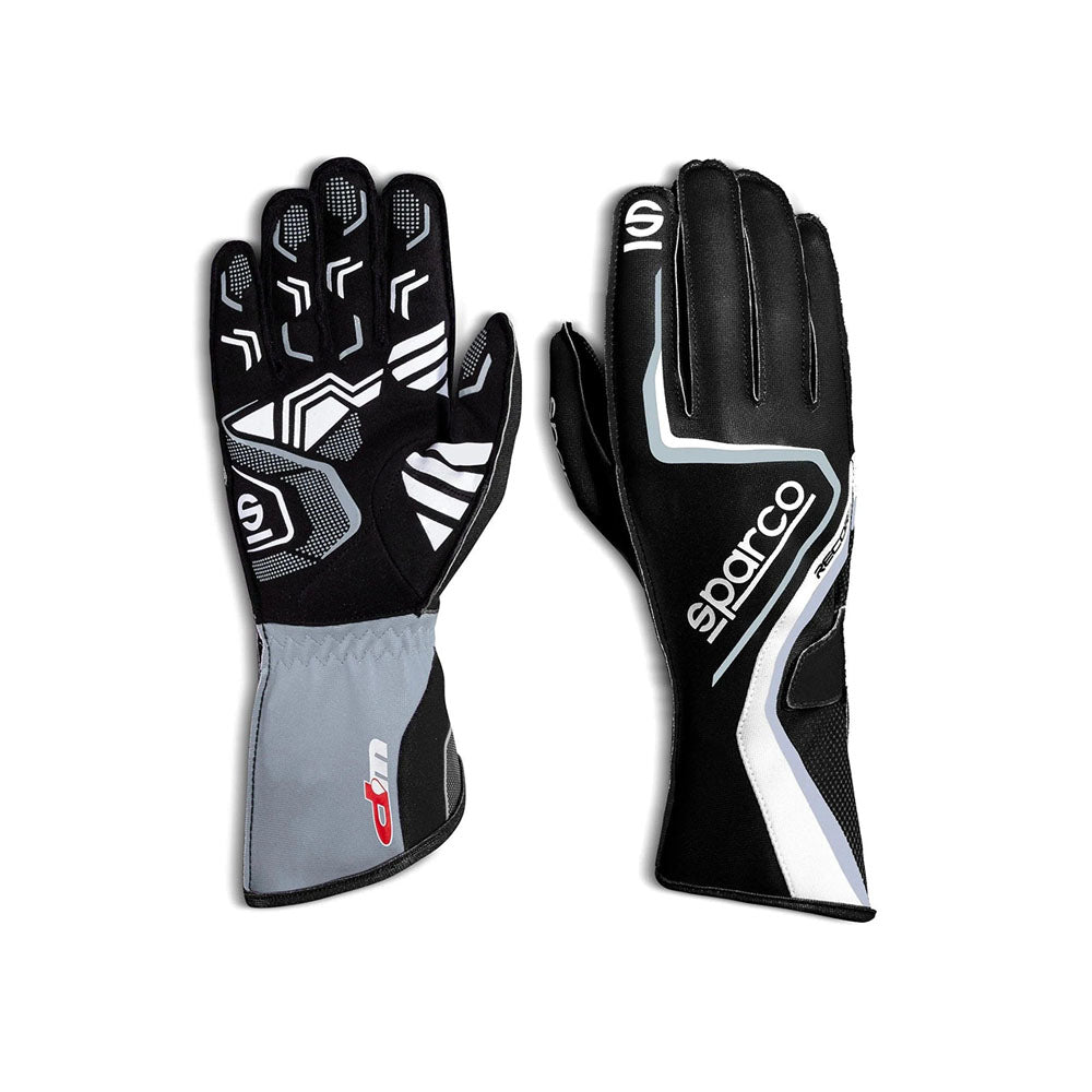 Pair of black and gray Sparco Record WP Kart racing gloves with visible branding on a white background