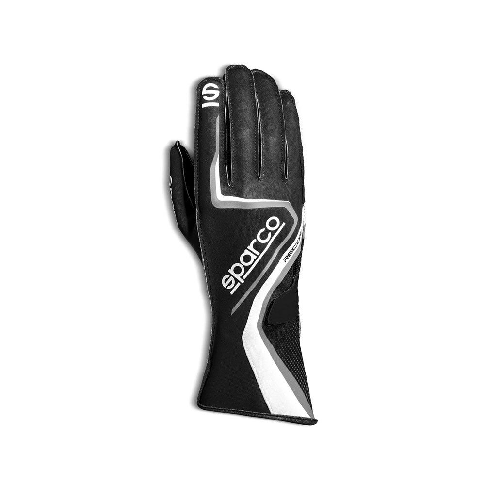 Black and white Sparco Record WP Kart racing glove on a white background