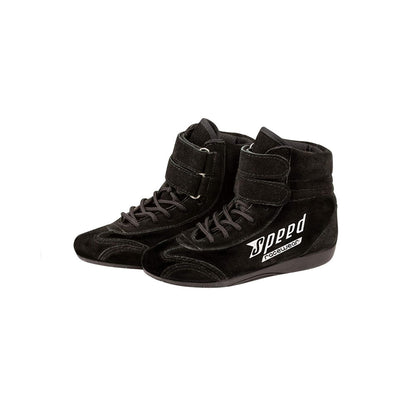 Black high-top Speed S-1 Racing shoes with a brand logo on a white background