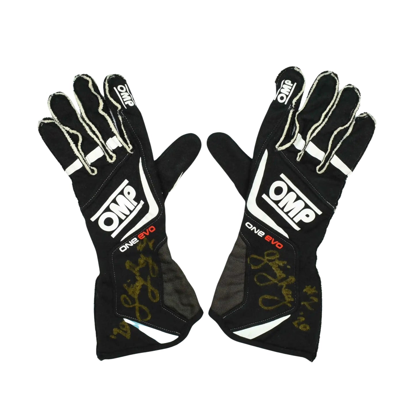 Pair of black Sting Ray Robb 2020 Indy Pro 2000 racing gloves with OMP logo on a white background