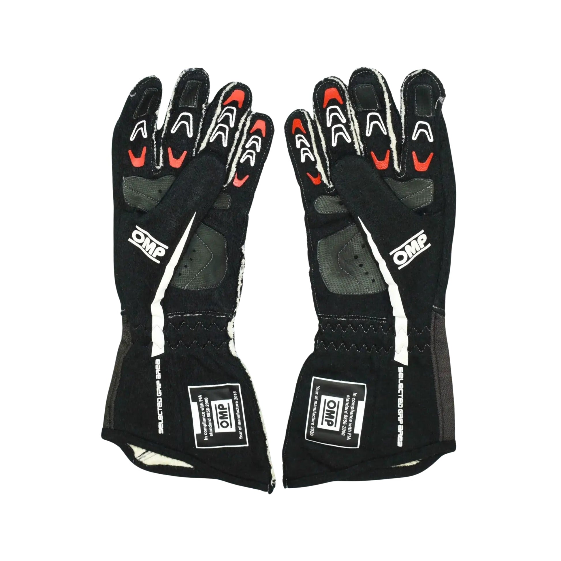Pair of black Sting Ray Robb 2020 Indy Pro 2000 racing gloves with red accents on a white background